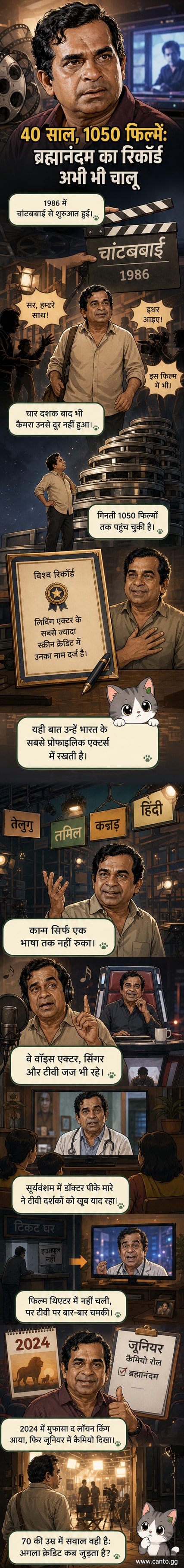 एक मुस्कुराते हुए भारतीय कॉमेडियन ब्रह्मानंदम, लाइट स्टेज पर खड़े हैं, उनके पीछे फिल्म कैमरे और सिनेमा स्क्रीन के चित्र हैं।
