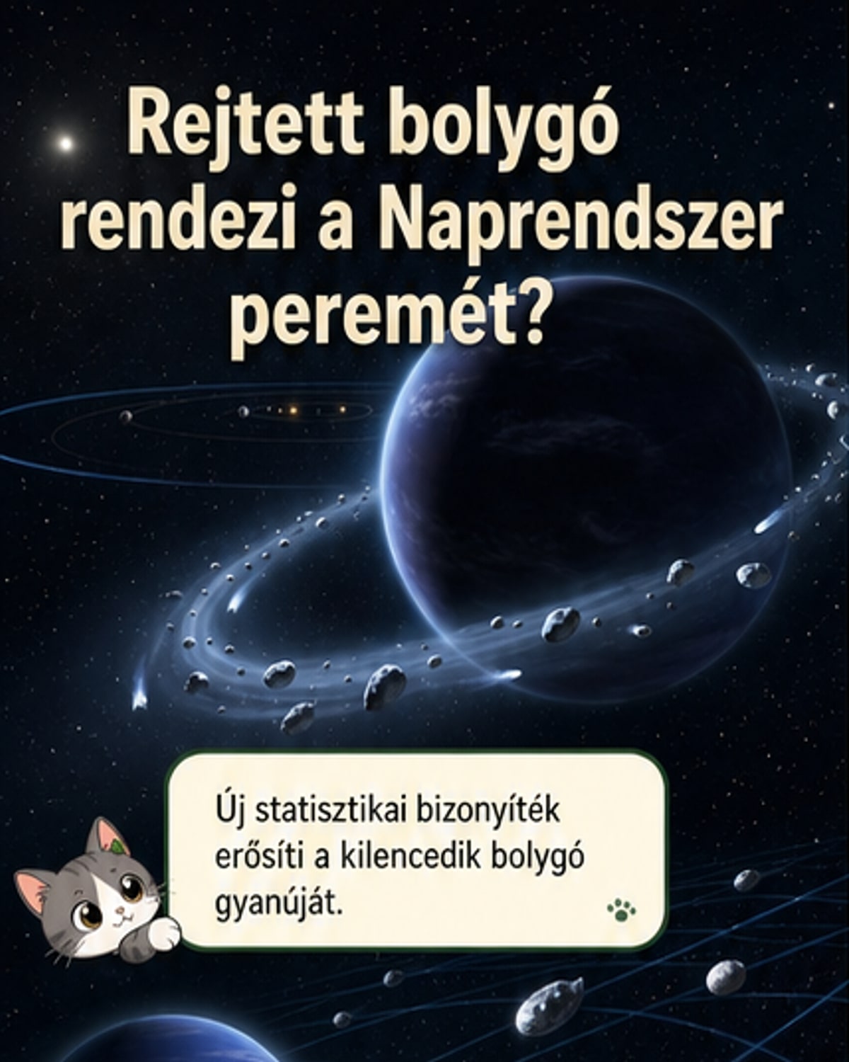 Sötét égbolt a Naprendszer szélén, ahol egy stilizált, nagy bolygó árnyéka mozgat távoli égitesteket, miközben a Tejút íve mögöttük húzódik.