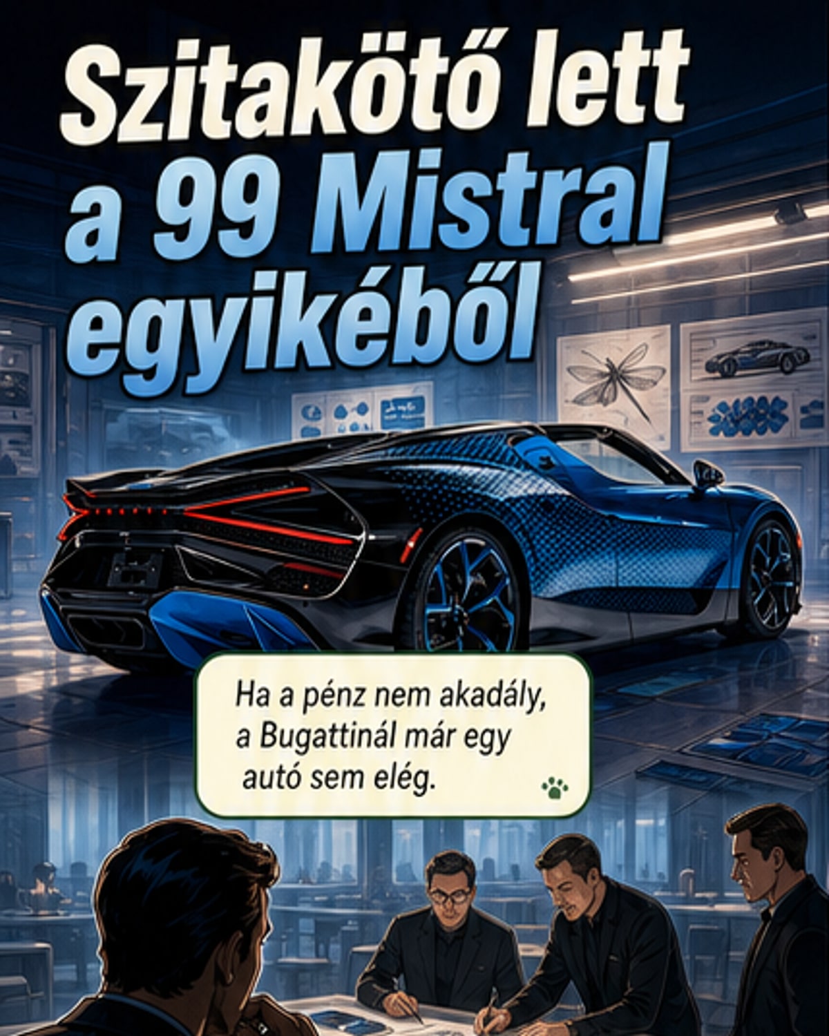 Egy kék-mintás Bugatti Mistral autó, amely szitakötő megjelenést idéz, fényes felületén 3D-s pöttyösségekkel és speciális emblémával.