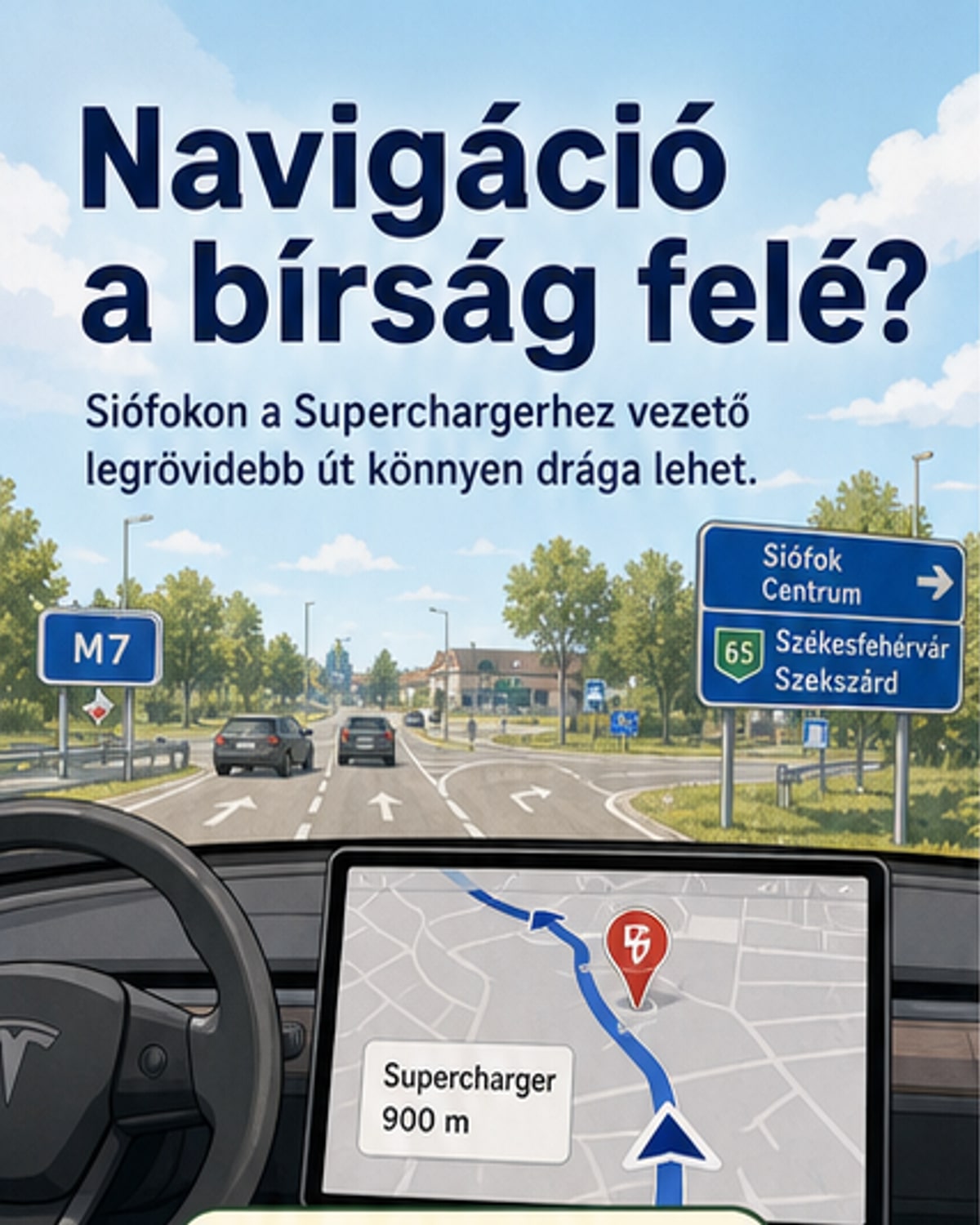 Siófokon az M7-es autópálya lehajtójánál a Tesla Supercharger töltőállomás felé vezető út mellett közlekedési tábla tiltja az egyenes haladást, miközben a navigáció ezt az irányt javasolja.