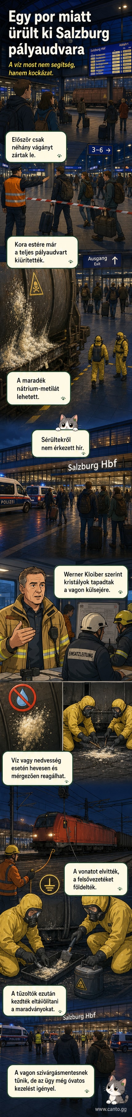 Salzburg főpályaudvara kiürítve, tűzoltók védőruhában dolgoznak egy tehervagon körül, a peronon figyelmeztető szalagok.