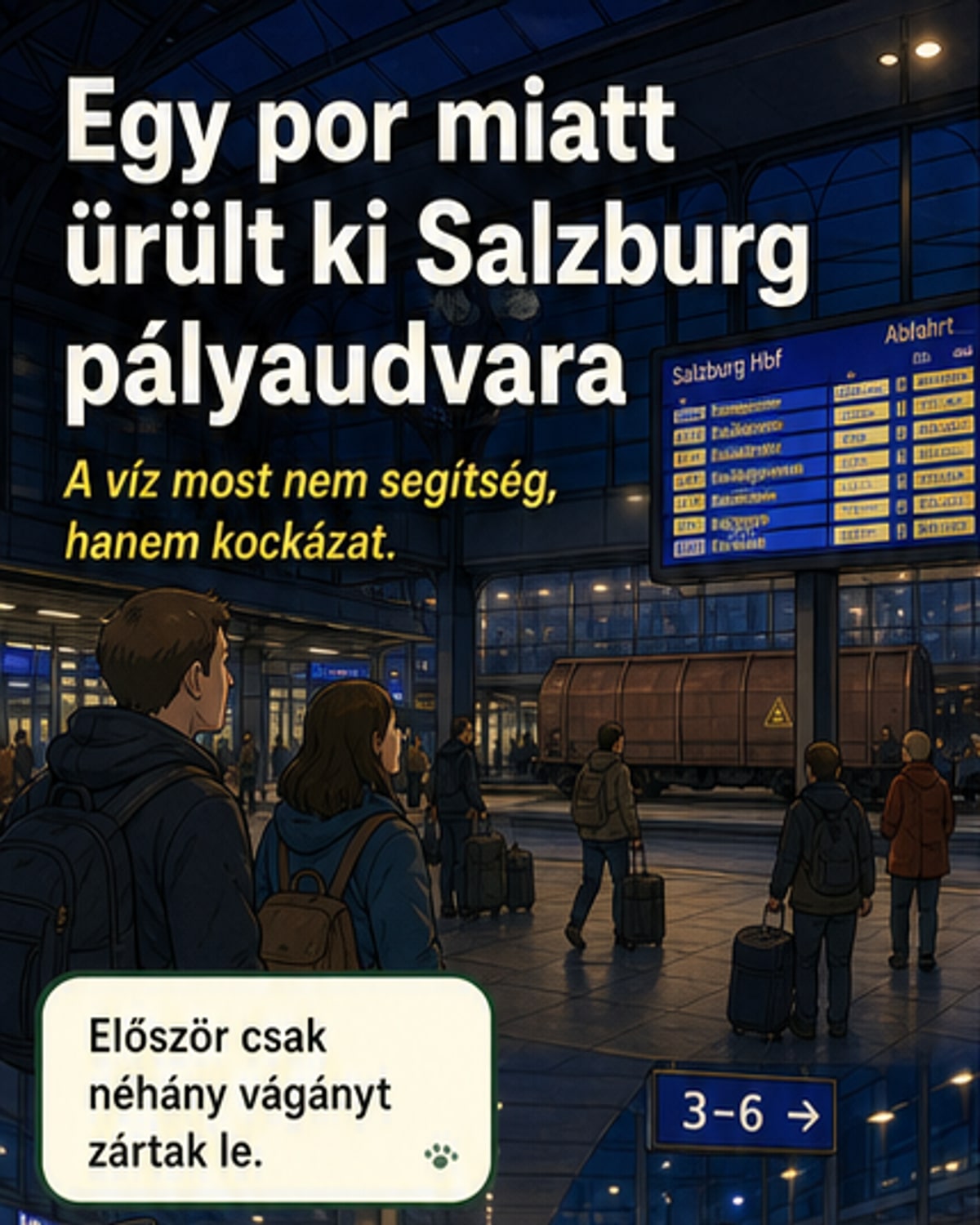 Salzburg főpályaudvara kiürítve, tűzoltók védőruhában dolgoznak egy tehervagon körül, a peronon figyelmeztető szalagok.
