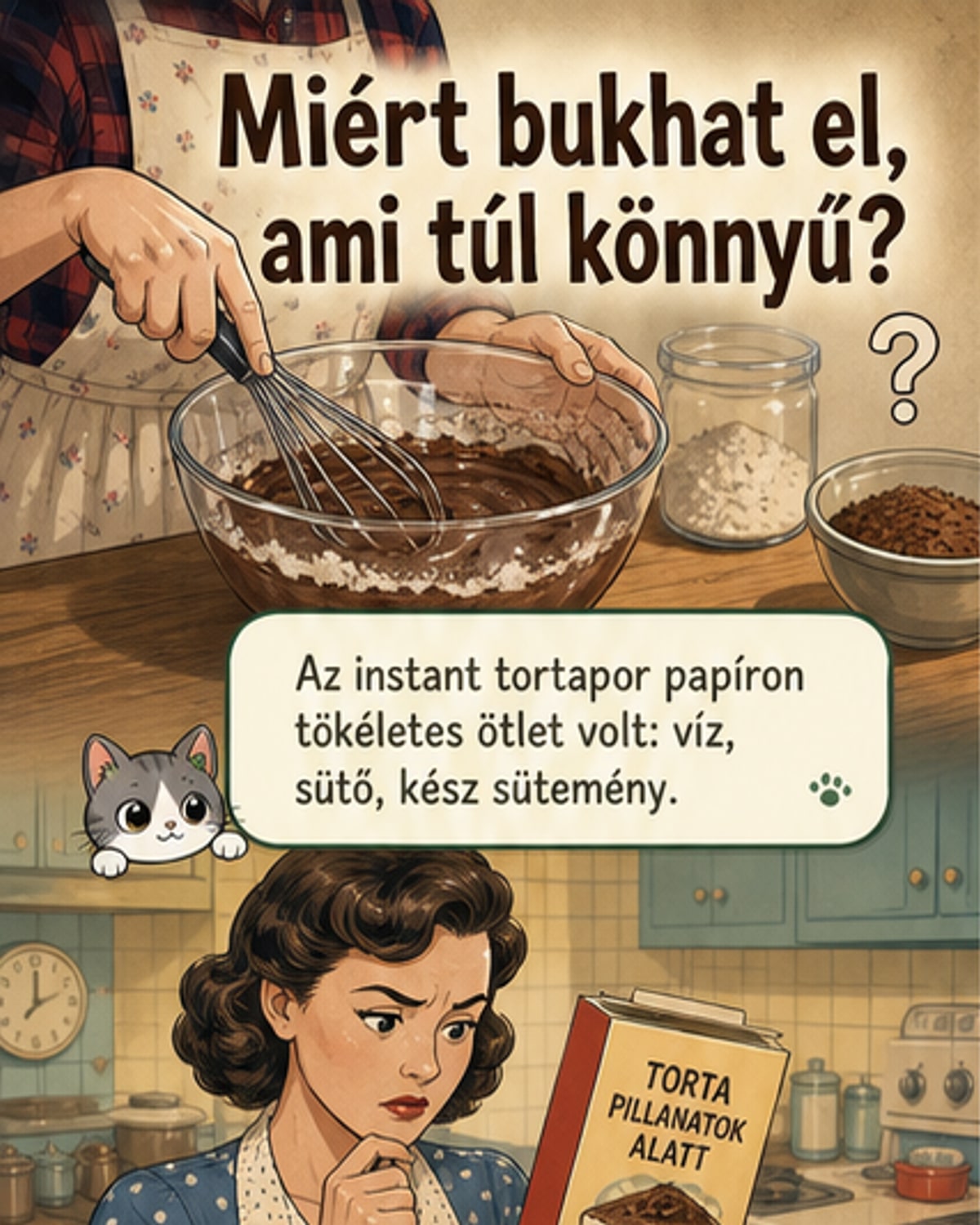 Egy félig összerakott IKEA szekrény mellett álló ember, kezében csavarhúzóval, mellette torta és tojások – a munka és a pszichológia kapcsolatát szimbolizálva.