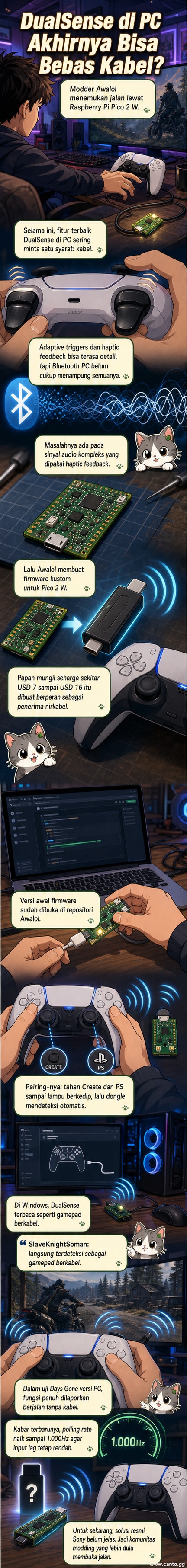 Ilustrasi kontroler DualSense PS5 terhubung nirkabel ke PC melalui perangkat kecil berbasis Raspberry Pi Pico 2 W, dengan efek getaran dan indikator cahaya menyala.