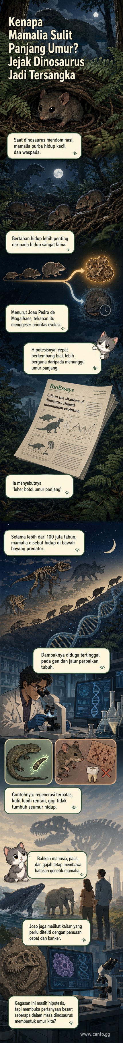 Ilustrasi mamalia kecil bersembunyi dari dinosaurus raksasa di hutan purba, mewakili tekanan evolusi yang membentuk gen mamalia modern.