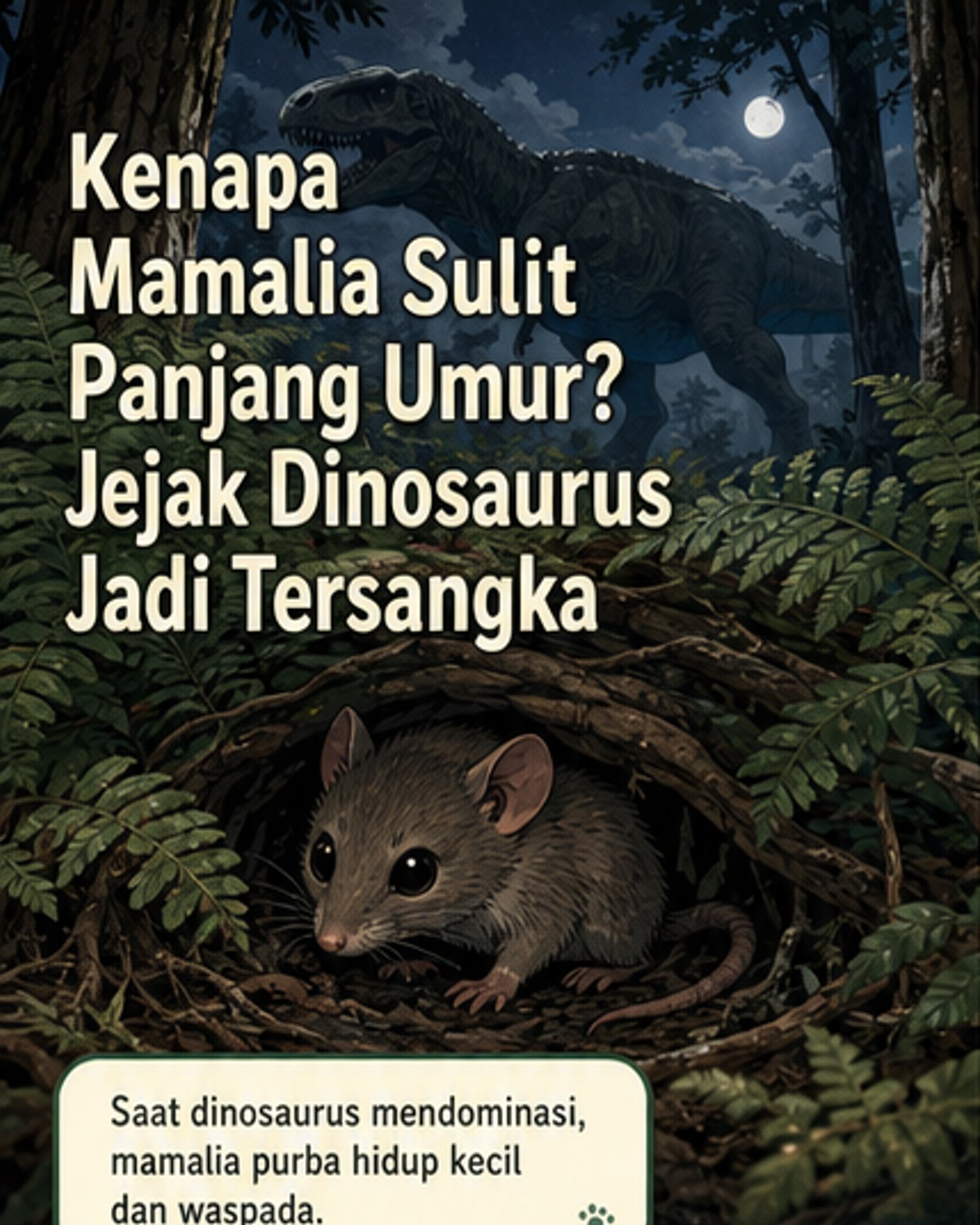 Ilustrasi mamalia kecil bersembunyi dari dinosaurus raksasa di hutan purba, mewakili tekanan evolusi yang membentuk gen mamalia modern.