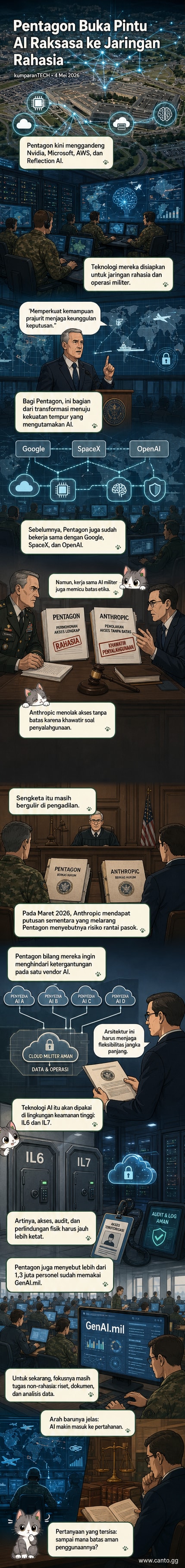 Ilustrasi gedung Pentagon dengan panel digital menampilkan logo Nvidia, Microsoft, dan AWS, serta simbol AI yang terhubung ke jaringan rahasia dengan latar belakang bendera AS dan peta global.