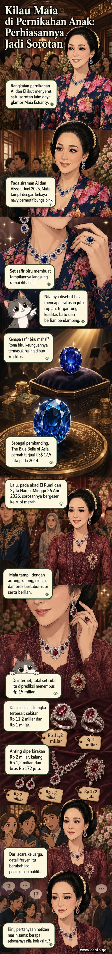 Maia Estianty mengenakan kebaya merah marun dengan set perhiasan red ruby yang mewah saat menghadiri akad nikah putranya, El Rumi.