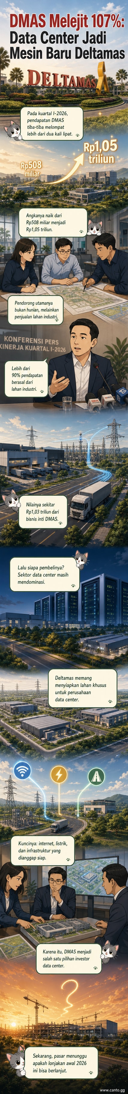 Ilustrasi kota mandiri Deltamas dengan gedung data center modern dan grafik pertumbuhan pendapatan yang melonjak tajam.