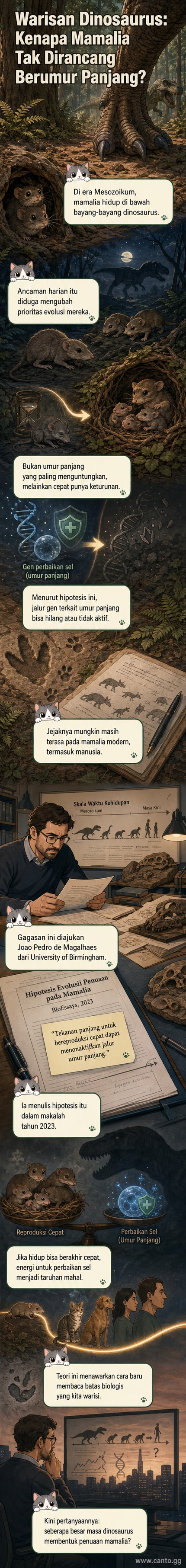 Ilustrasi jejak kaki dinosaurus di tanah purba, dengan siluet mamalia kecil bersembunyi di balik pepohonan rendah.