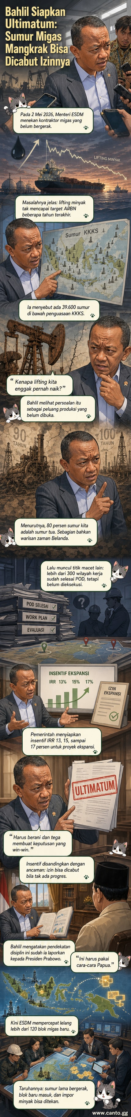 Ilustrasi menteri energi berdiri di depan peta blok migas dengan latar sumur minyak tua dan kontraktor pasif, sambil menunjuk ke arah tanda peringatan pencabutan izin.