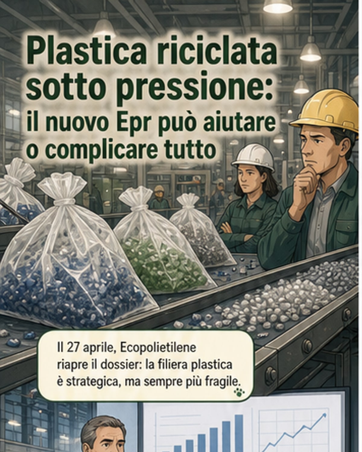 Un operaio in un impianto di riciclo di plastiche osserva flussi di materiali mentre un grafico mostra un calo del 7,5% nell'uso di polimeri riciclati in Europa