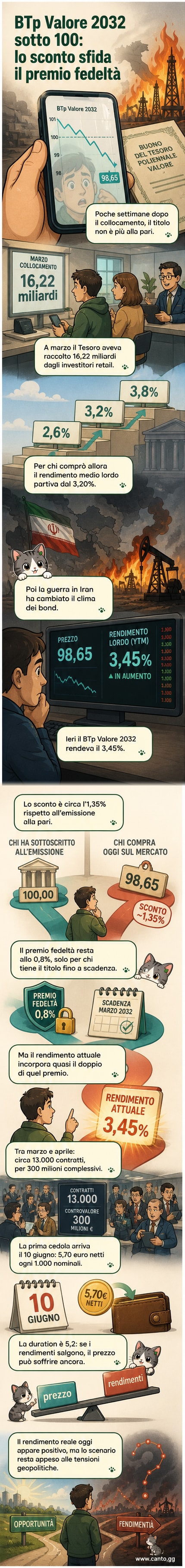 Grafico che mostra il rendimento crescente del BTp Valore 2032 da 3,20% a 3,45%, con indicazione del prezzo in calo a 98,65 e l'impatto della guerra in Iran sui mercati obbligazionari.