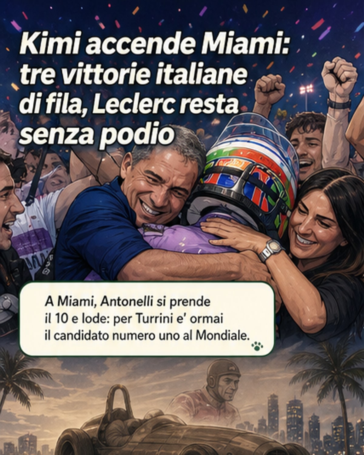 Pilota di Formula 1 festeggia sul podio dopo la vittoria al GP di Miami, con folla esultante e bandiere italiane sventolanti