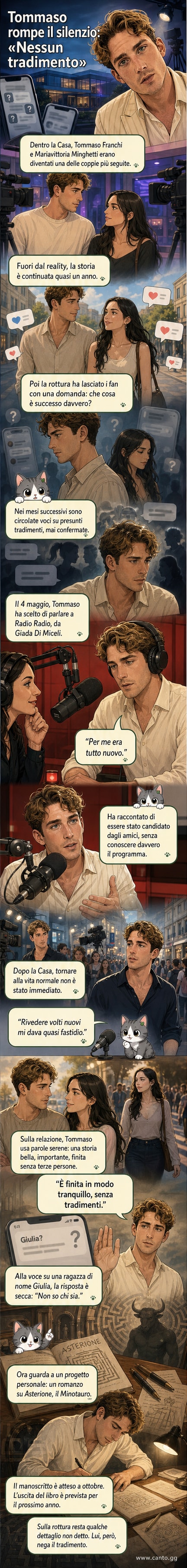 Illustrazione stilizzata di Tommaso Franchi che parla davanti a una finestra con vista sulla città, con un labirinto stilizzato in sovrimpressione a simboleggiare il suo percorso emotivo.