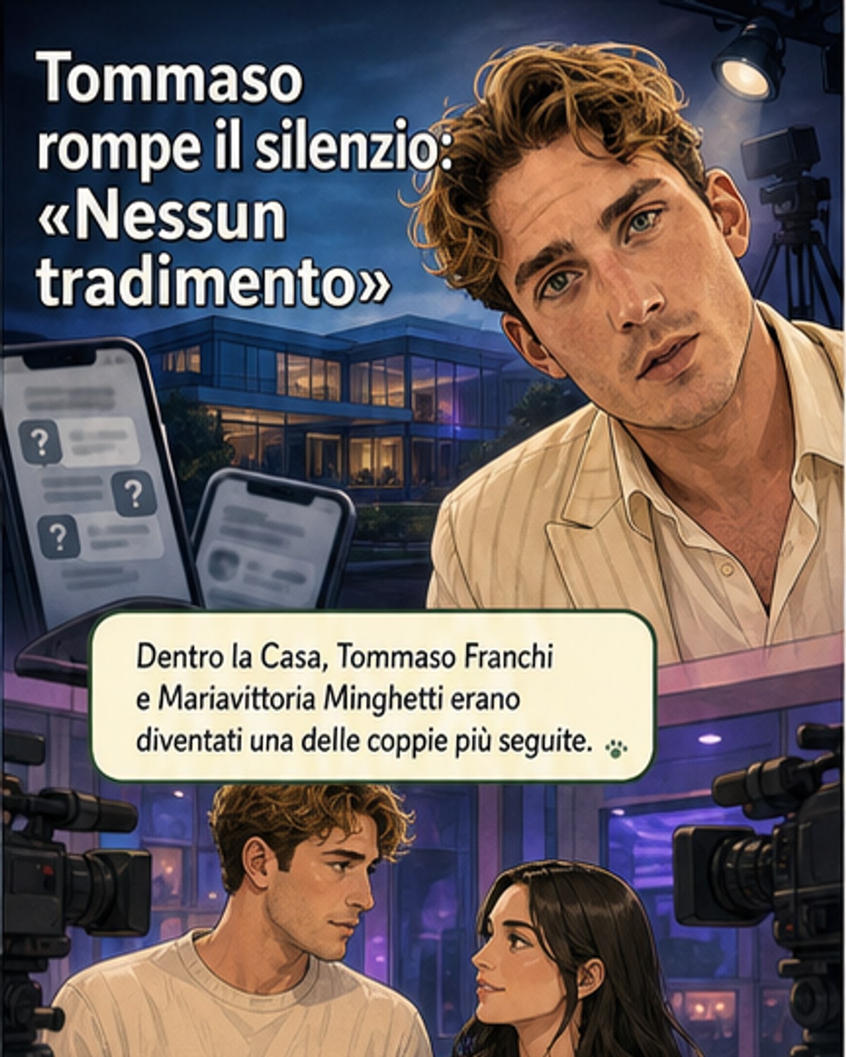 Illustrazione stilizzata di Tommaso Franchi che parla davanti a una finestra con vista sulla città, con un labirinto stilizzato in sovrimpressione a simboleggiare il suo percorso emotivo.