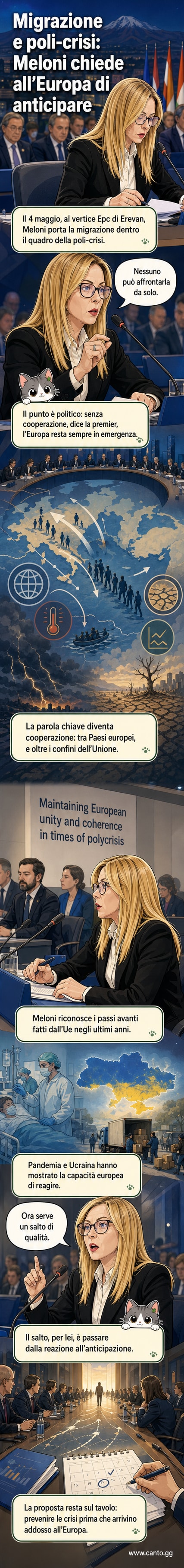 Illustrazione di Giorgia Meloni che parla al vertice EPC a Erevan, con sfondo di mappa europea e simboli di migrazione e cooperazione.