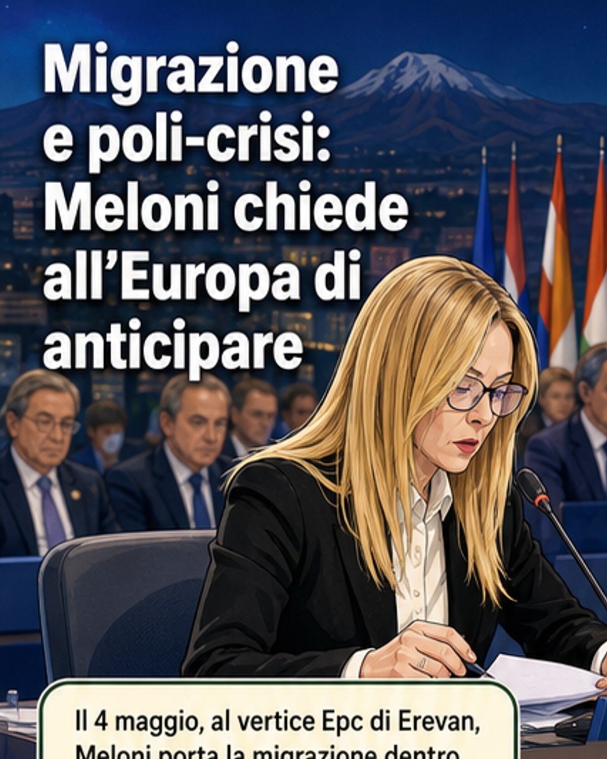 Illustrazione di Giorgia Meloni che parla al vertice EPC a Erevan, con sfondo di mappa europea e simboli di migrazione e cooperazione.