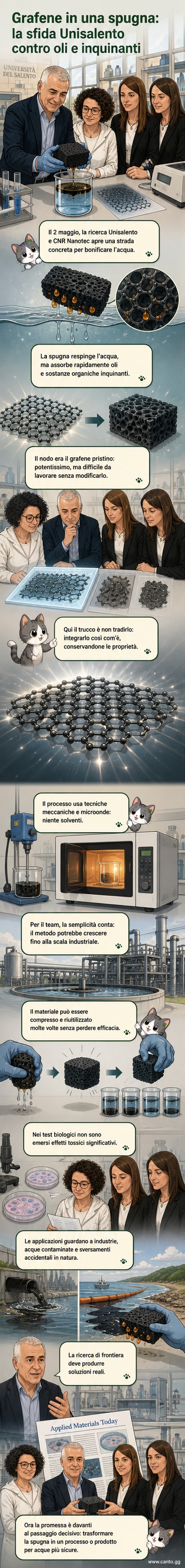 Rappresentazione visiva di una spugna in grafene che assorbe olio da una superficie acquatica, con dettagli sulle sue proprietà innovative e sostenibili.