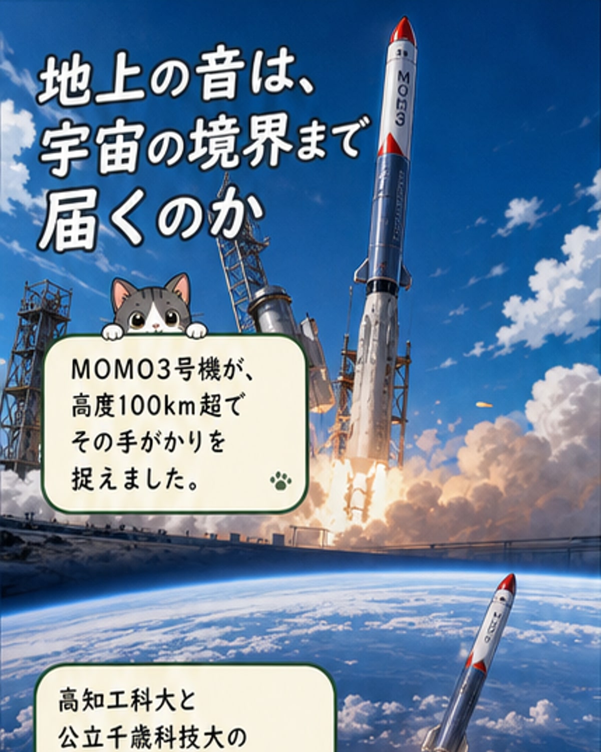 MOMO3号機が大気中を上昇し、花火から発生した超低周波音が高度100km以上まで伝わる様子を描いた図解