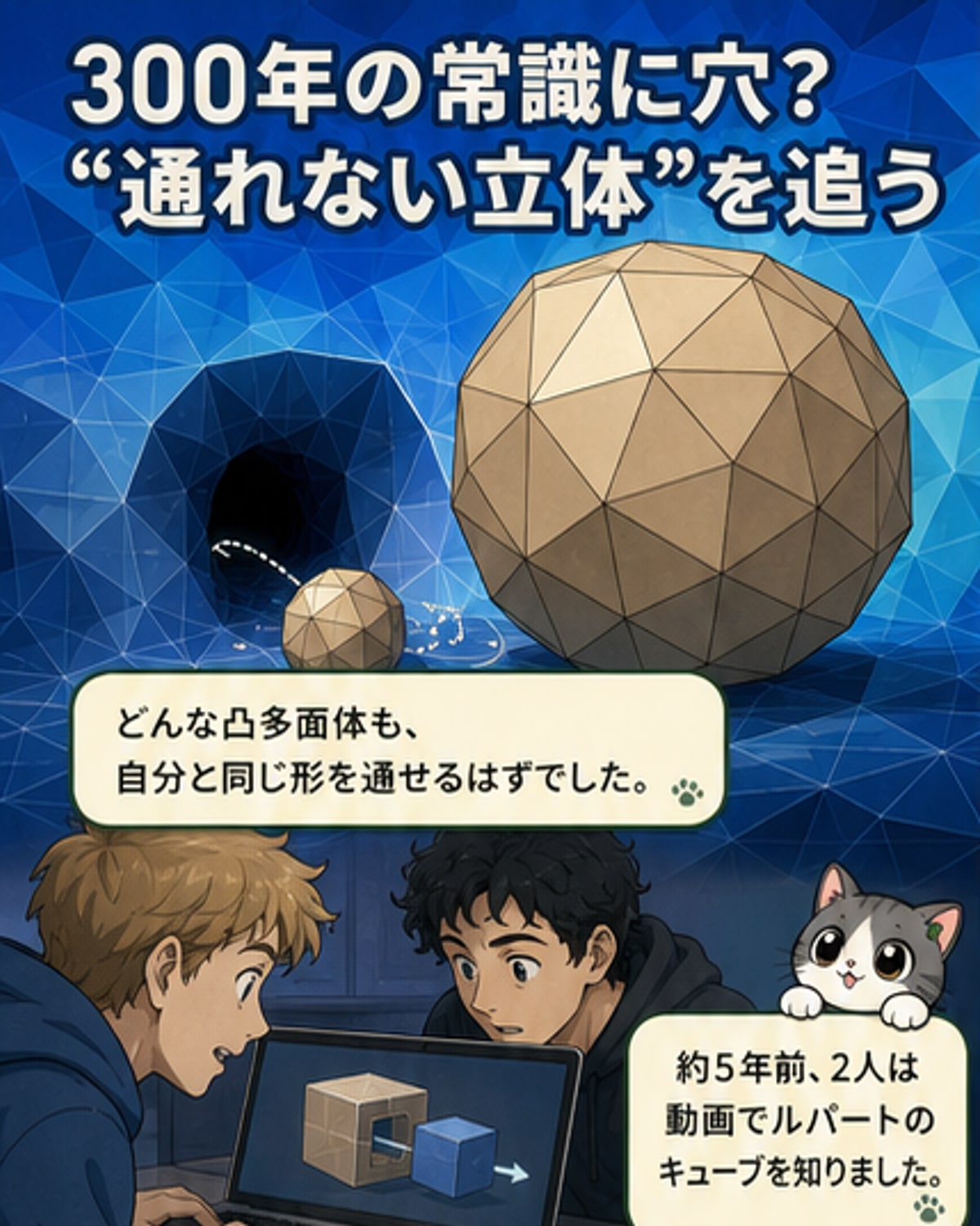 2人の数学者がモニターに映った多面体のシミュレーションを確認している。画面には複雑な立体と、それを貫く穴の可否を示すグラフィックが表示されている。