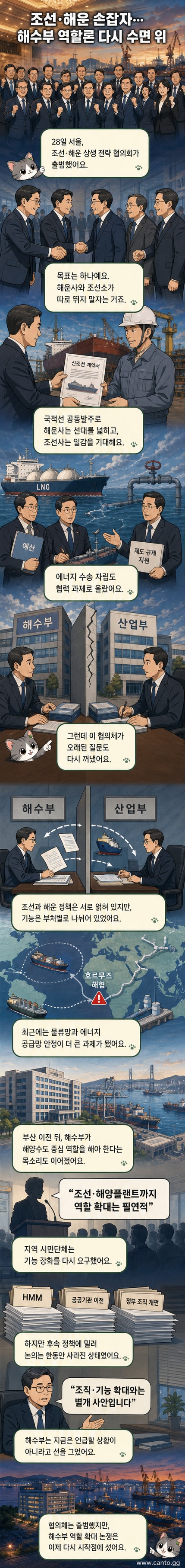 해운과 조선 산업의 협력을 상징하는 선박과 크레인 일러스트. 배경은 부산 항만과 정부 건물이 어우러진 도시 풍경.