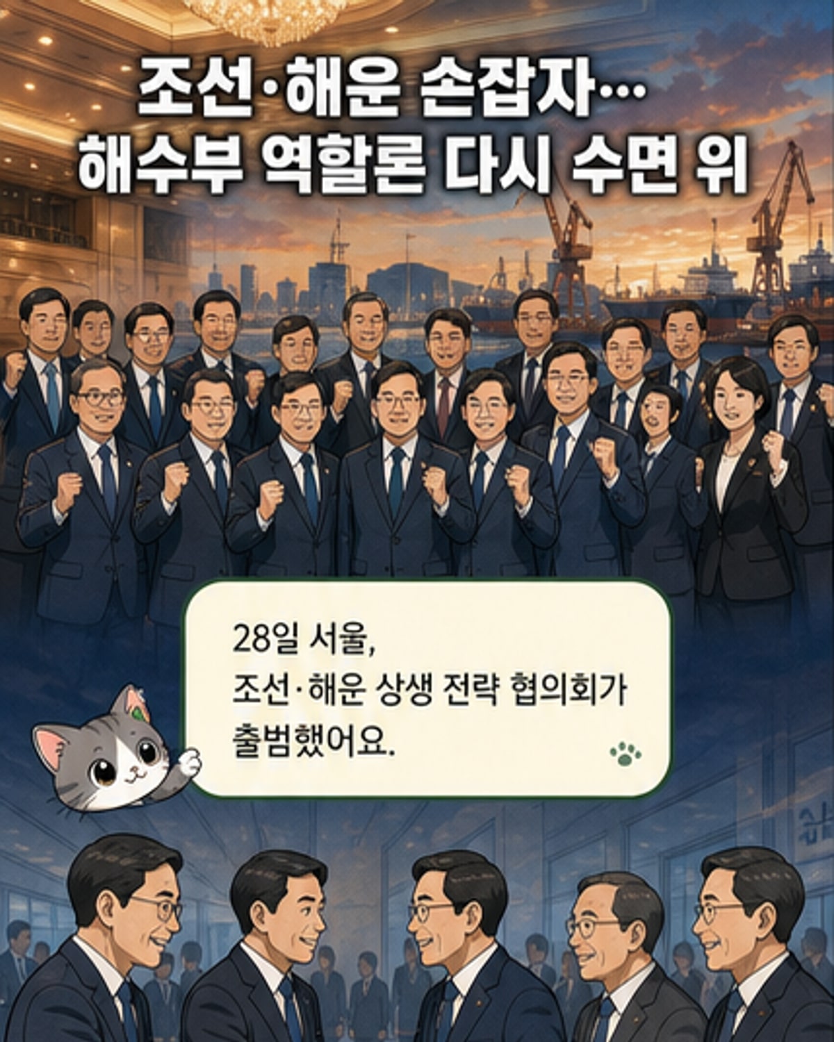 해운과 조선 산업의 협력을 상징하는 선박과 크레인 일러스트. 배경은 부산 항만과 정부 건물이 어우러진 도시 풍경.