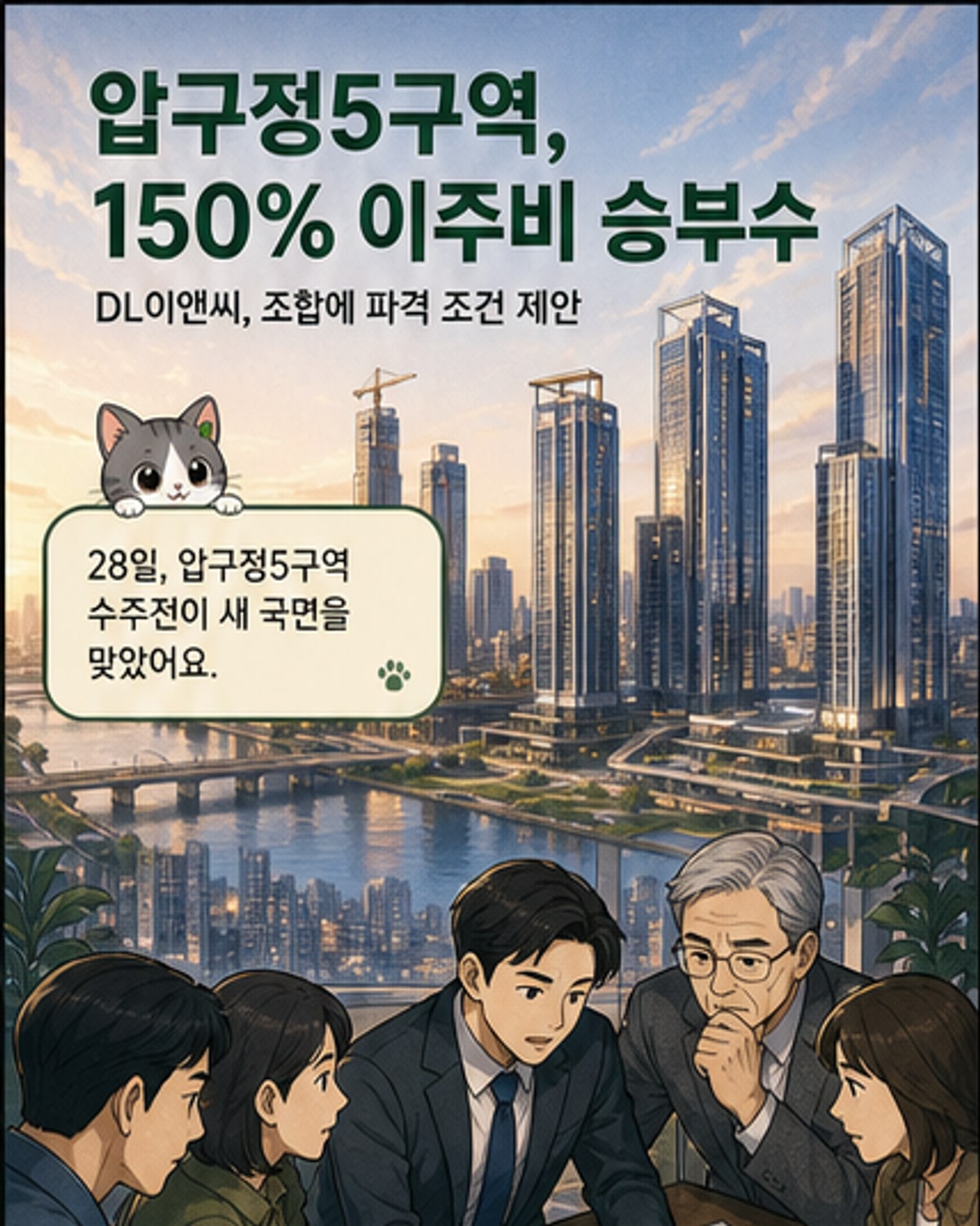 아파트 조감도와 함께 '아크로 압구정'이라는 브랜드명이 강조된 도면. 배경에는 서울 강남의 고층 빌딩 숲이 보이고, 전경에는 재건축 현장을 상징하는 크레인과 건설 장비들이 그려져 있음.