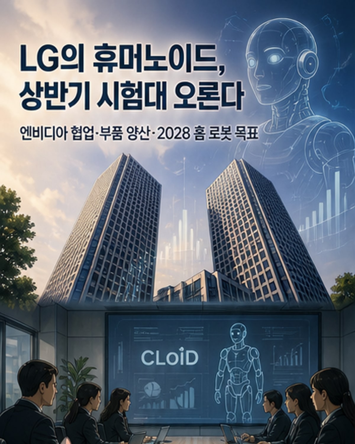 로봇 팔을 들고 있는 LG전자 로고와 엔비디아 로고가 나란히 있는 미래형 휴머노이드 로봇 일러스트