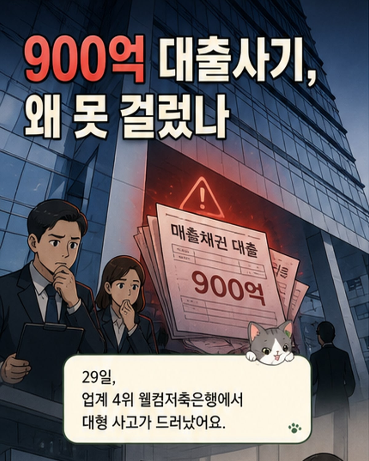 웰컴저축은행 건물 앞에 '대출사기 조사 중단'이라는 경고판이 붙어 있고, 경찰 차량이 정차한 모습