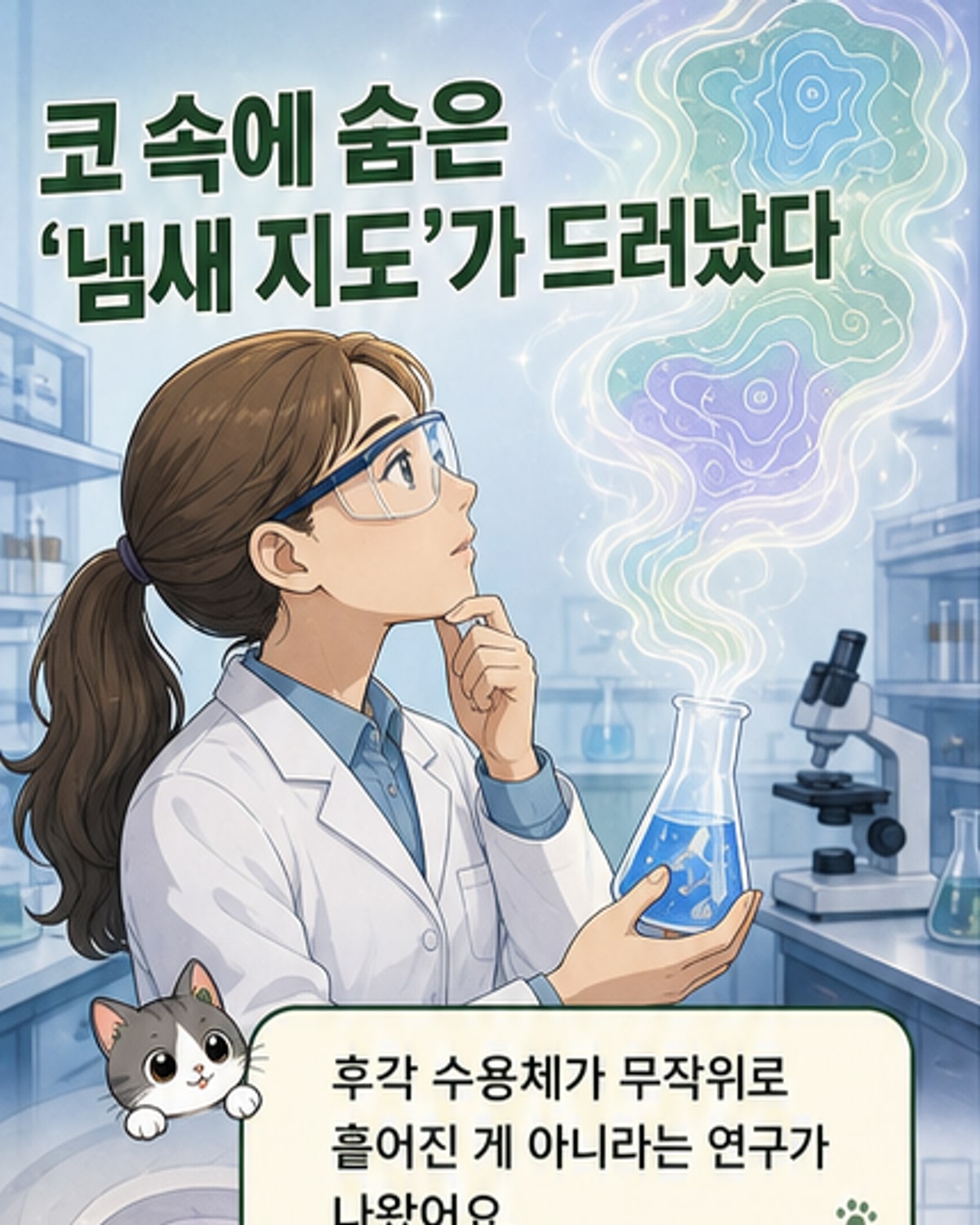 생쥐의 코 내부에서 후각 수용체가 수평 띠 모양으로 배열되어 뇌로 신호를 전달하는 시각화 이미지