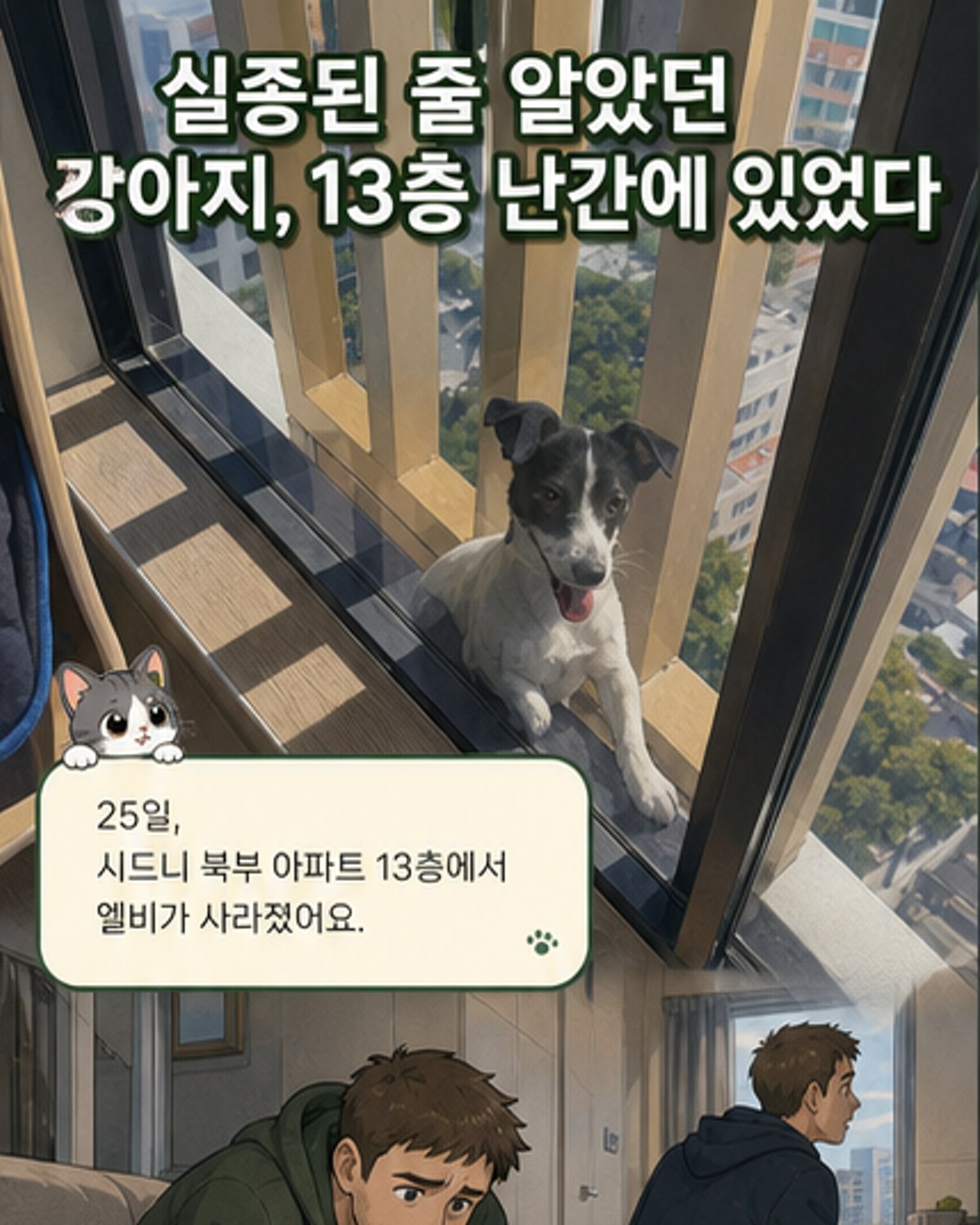 호주 13층 아파트 외벽 난간에 갇혀 있는 강아지 엘비가 소방대에 의해 창문을 통해 구조되는 장면.