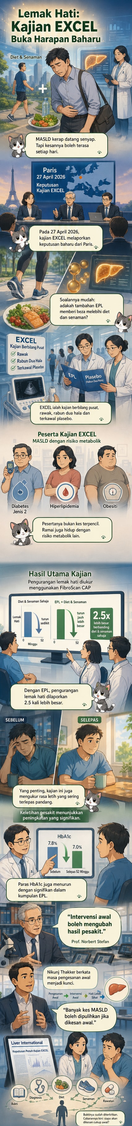 Ilustrasi hati manusia dengan perbandingan tahap lemak sebelum dan selepas rawatan fosfolipid penting, disertai ikon gejala seperti keletihan dan kawalan gula darah.