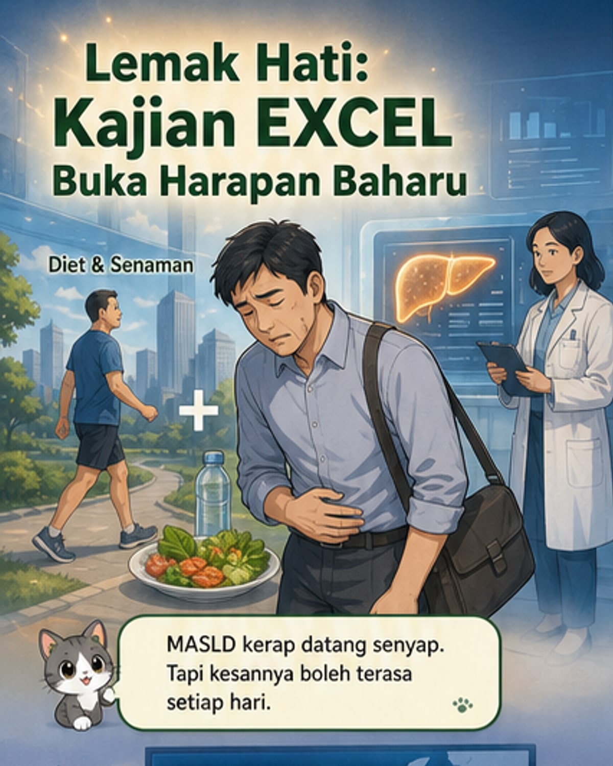 Ilustrasi hati manusia dengan perbandingan tahap lemak sebelum dan selepas rawatan fosfolipid penting, disertai ikon gejala seperti keletihan dan kawalan gula darah.