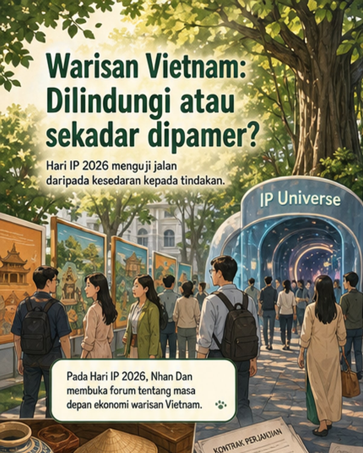 Ilustrasi warisan budaya Vietnam seperti kraf tangan dan motif tradisional berubah menjadi aset digital dan ekonomi moden, dengan simbol harta intelek seperti cap dan logo.