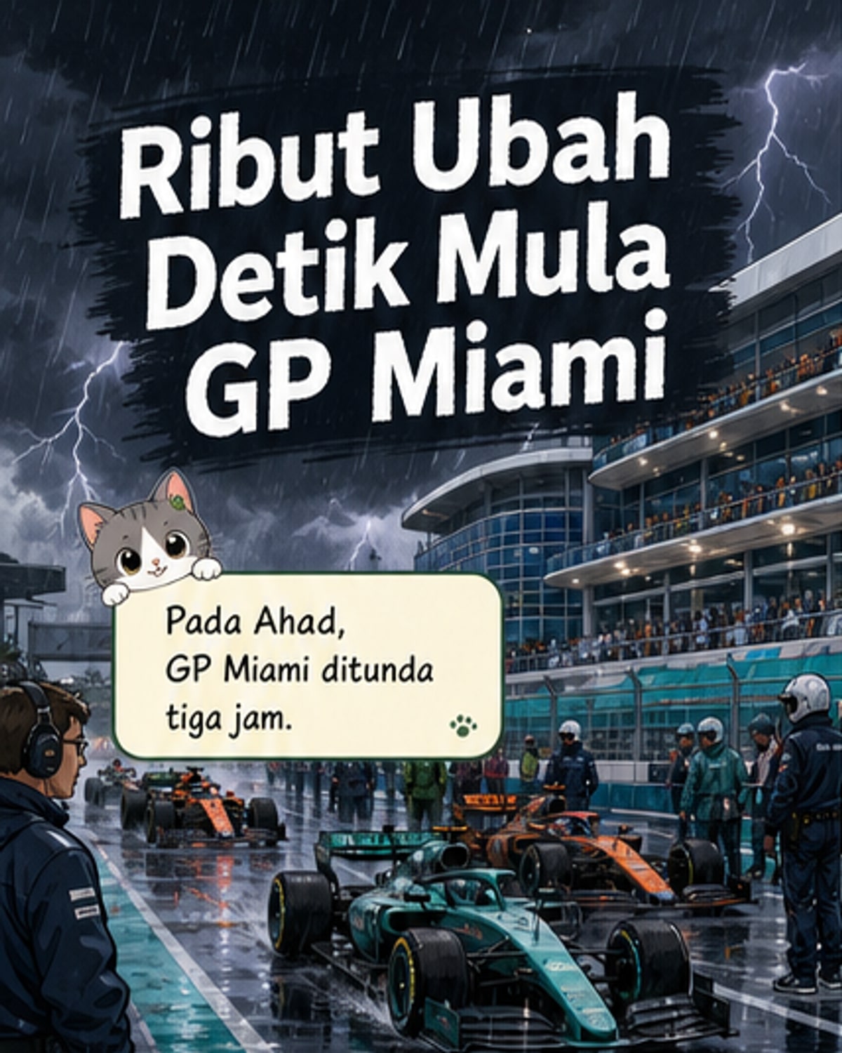 Pelumba F1 berlumba dalam keadaan hujan di sirkuit Miami, dengan langit gelap dan kilat di latar belakang.