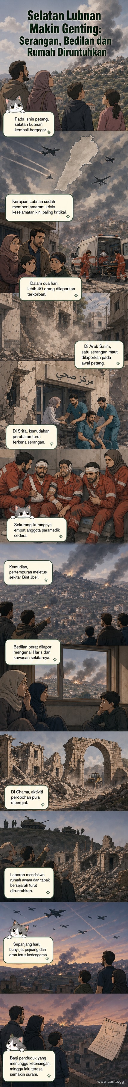 Peta selatan Lubnan dengan tanda letupan menunjukkan lokasi serangan Israel, termasuk Arab Salim, Srifa dan Bint Jbeil, dengan jet pejuang di langit dan rumah-rumah yang musnah akibat perobohan.