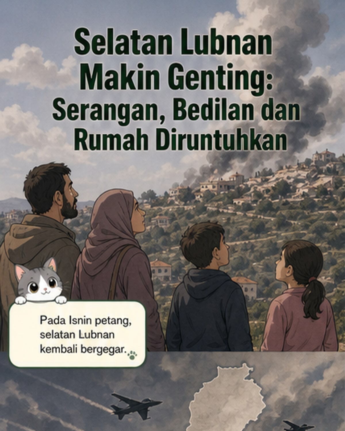 Peta selatan Lubnan dengan tanda letupan menunjukkan lokasi serangan Israel, termasuk Arab Salim, Srifa dan Bint Jbeil, dengan jet pejuang di langit dan rumah-rumah yang musnah akibat perobohan.