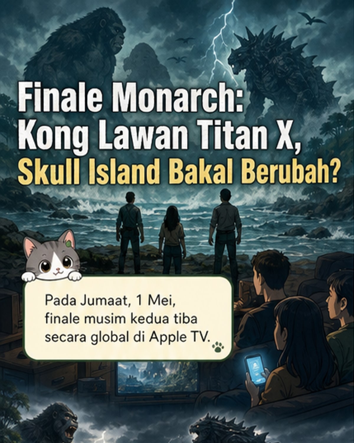 Kong berdiri di atas tebing berbatu di Skull Island, menghadapi bayang-bayang besar Titan X yang muncul dari laut, dengan langit gelap dan kilat di latar belakang.
