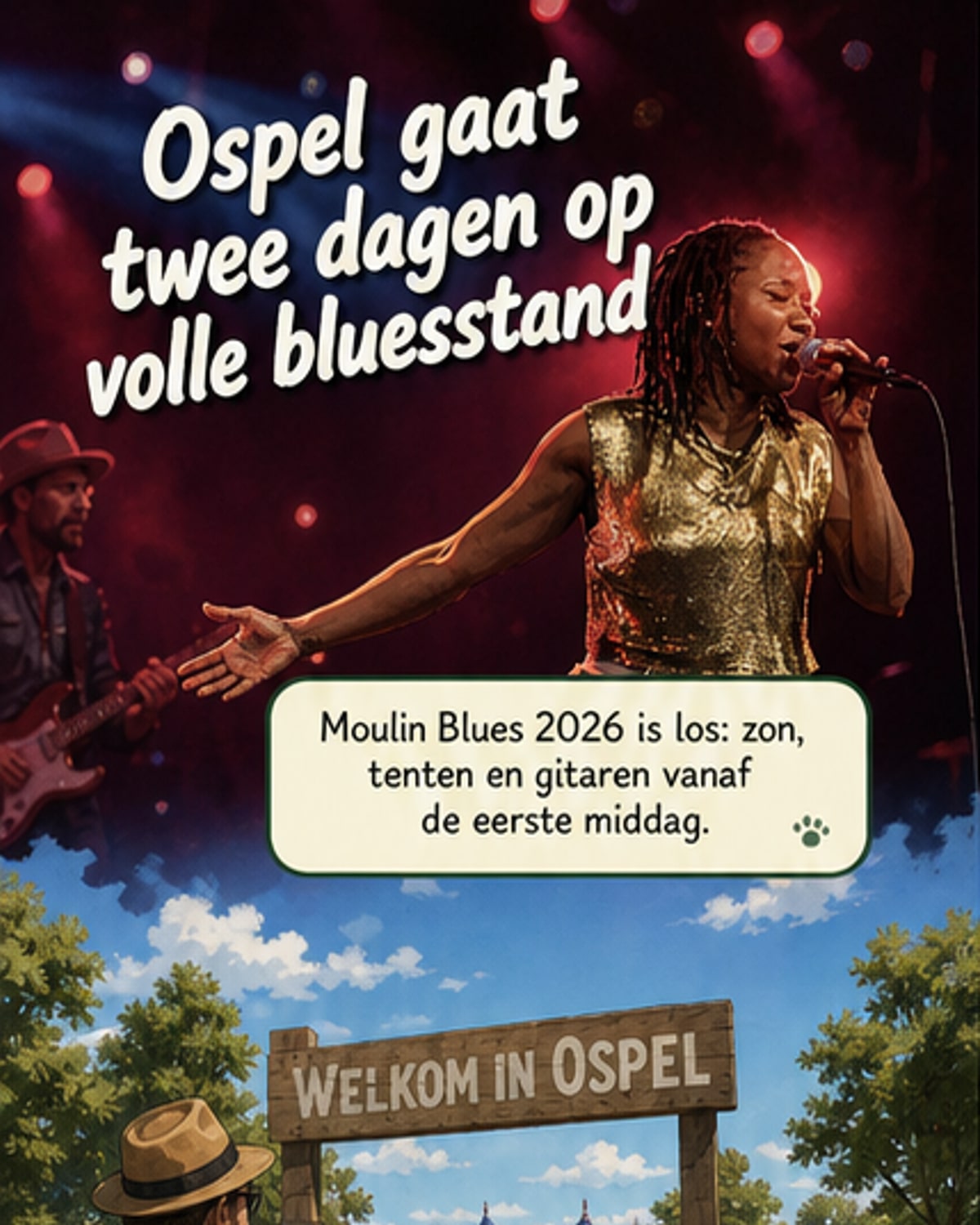 Bezoekers genieten van live bluesmuziek tijdens het Moulin Blues Festival in het Limburgse Ospel, zonnig weer en muziek vanaf het hoofdpodium.