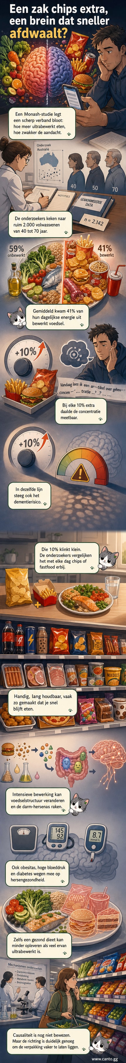 Een menselijke hersenillustratie met een deel dat verduistert raakt, omringd door verpakkingen van ultrabewerkt voedsel zoals chips, frisdrank en fastfood.