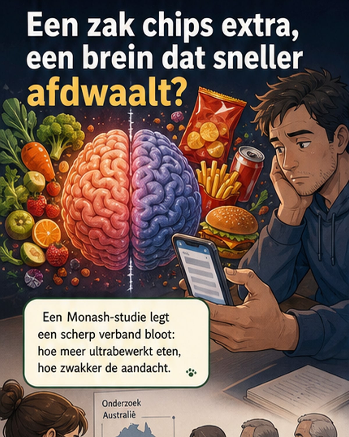 Een menselijke hersenillustratie met een deel dat verduistert raakt, omringd door verpakkingen van ultrabewerkt voedsel zoals chips, frisdrank en fastfood.