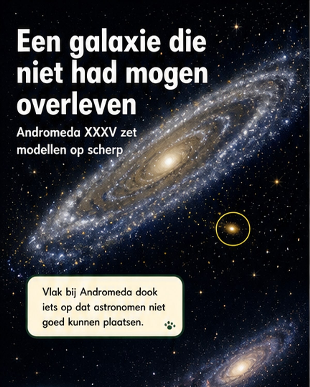 Illustratie van een kleine, diffuse satellietgalaxie (Andromeda XXXV) tegen de achtergrond van de grotere Andromeda-galaxie, met een vergelijkende schaal die de enorme grootteverschillen benadrukt.
