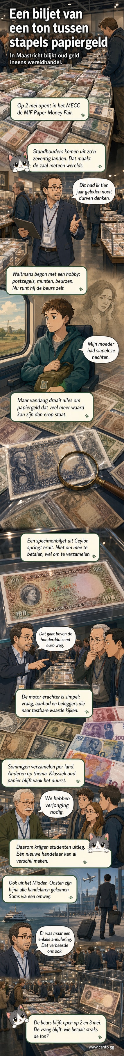 Een close-up van een zeldzaam bankbiljet met de opdruk 'Government of Ceylon', tentoongesteld op een tafel op de MIF Money Paper Fair in Maastricht, omgeven door andere collectiebiljetten en handelaren.