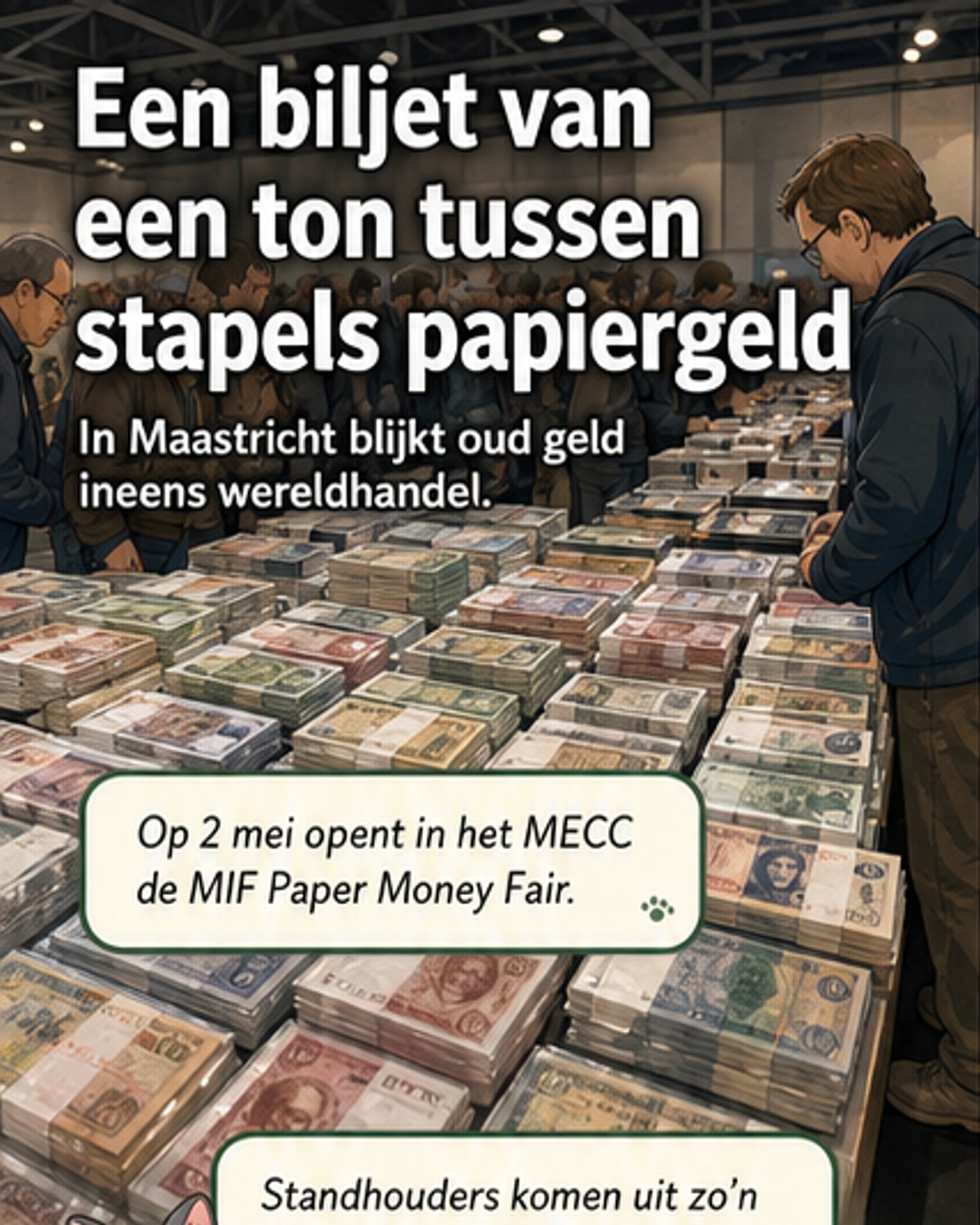 Een close-up van een zeldzaam bankbiljet met de opdruk 'Government of Ceylon', tentoongesteld op een tafel op de MIF Money Paper Fair in Maastricht, omgeven door andere collectiebiljetten en handelaren.