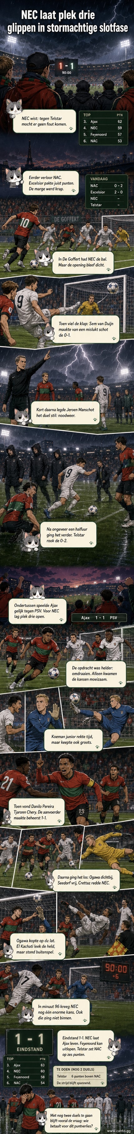 Voetbalwedstrijd in De Goffert, spelers van NEC en Telstar in actie tijdens een spannende slotfase met keeperssaves en gemiste kansen.
