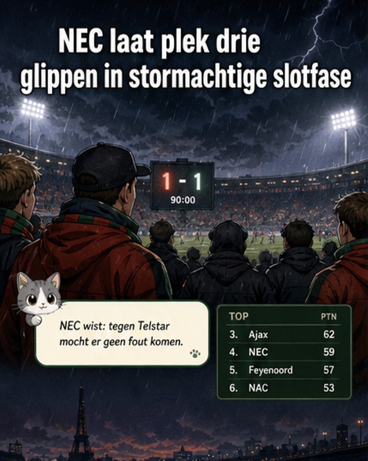 Voetbalwedstrijd in De Goffert, spelers van NEC en Telstar in actie tijdens een spannende slotfase met keeperssaves en gemiste kansen.