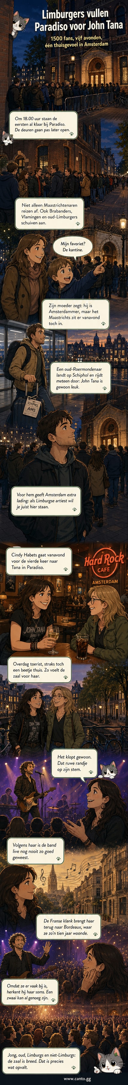 Groep fans voor het Paradiso in Amsterdam, verwachtend op het concert van John Tana, met Limburgse vlaggen en sfeer van thuiskomst