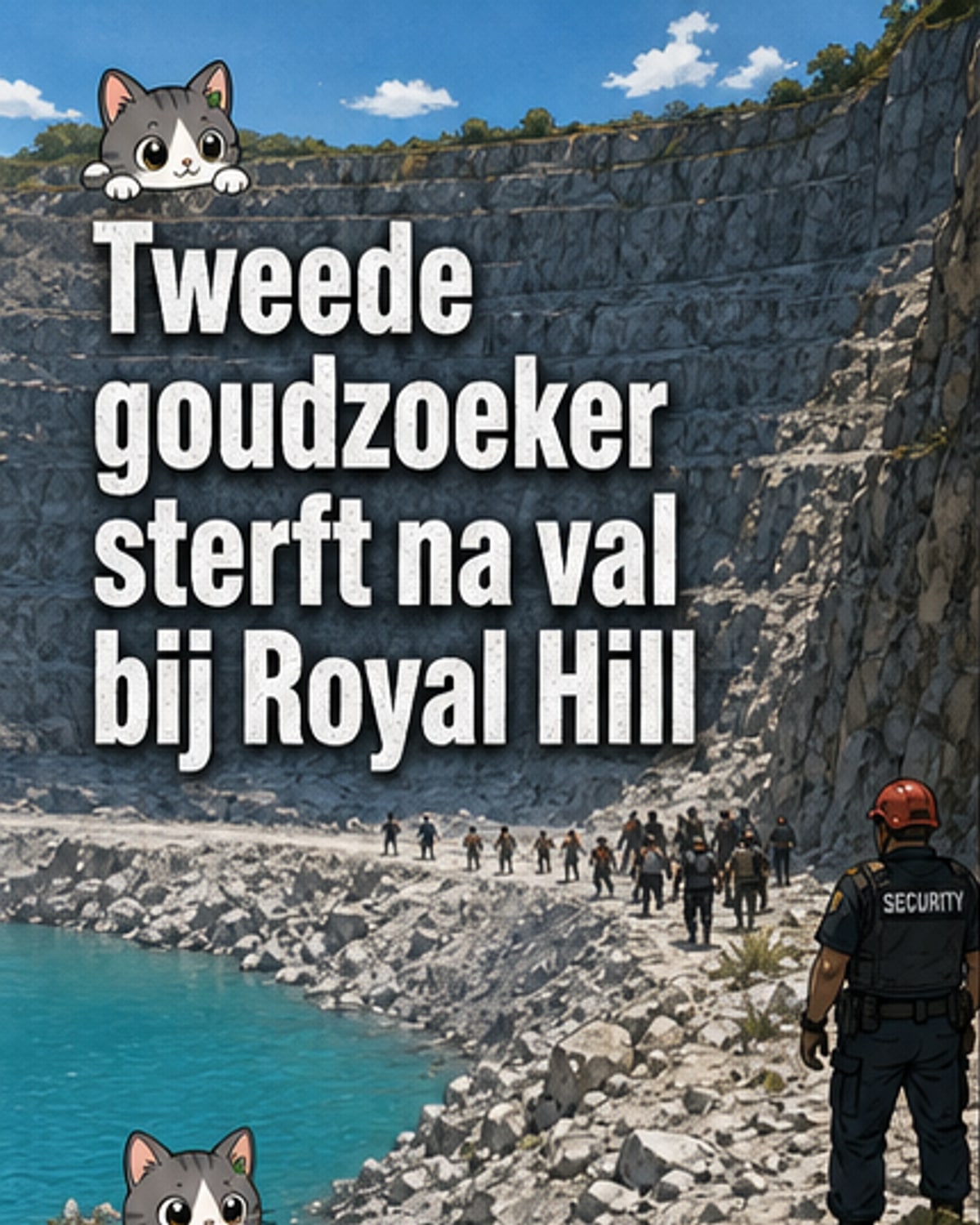 Twee goudzoekers vallen van een steile helling bij een mijn in Suriname, met beveiligingspersoneel in de achtergrond.
