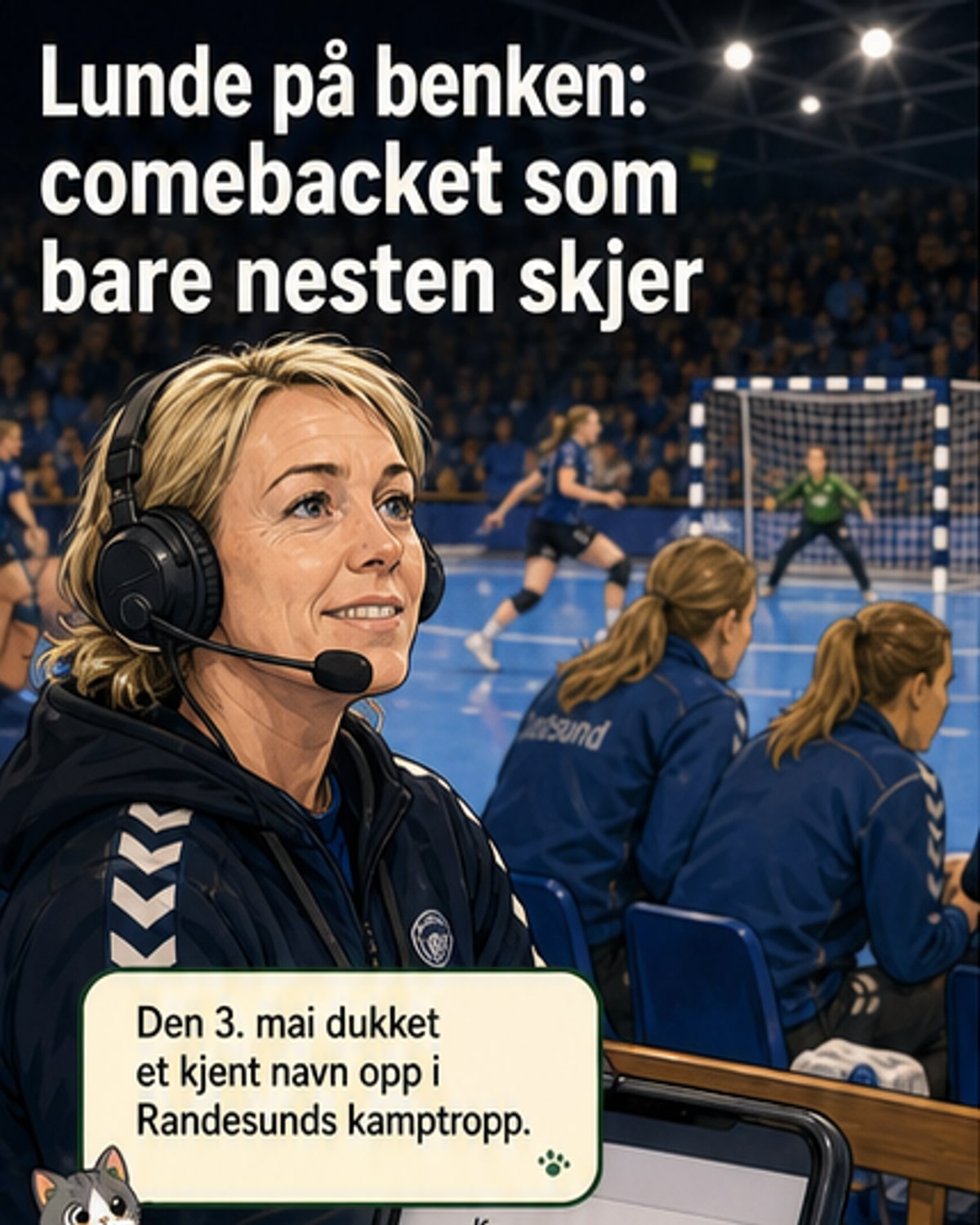 Katrine Lunde, iført Randesund-drakt, sitter på benken under en kamp i hallen. Bakgrunnen viser publikum og håndballbane.